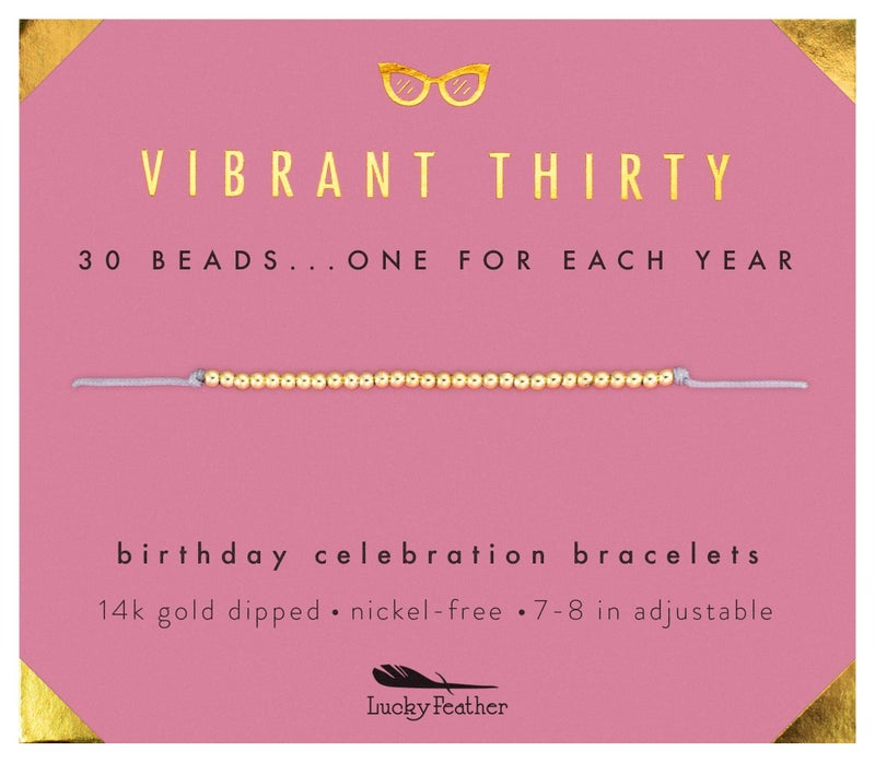 Lucky Feather 30th Birthday Gifts for Women| 30th Birthday Bracelet 14K Gold, Silver, Rose Gold Dipped Beads on Adjustable Cord | gifts for women birthday unique | Vibrant thirty - Image 1